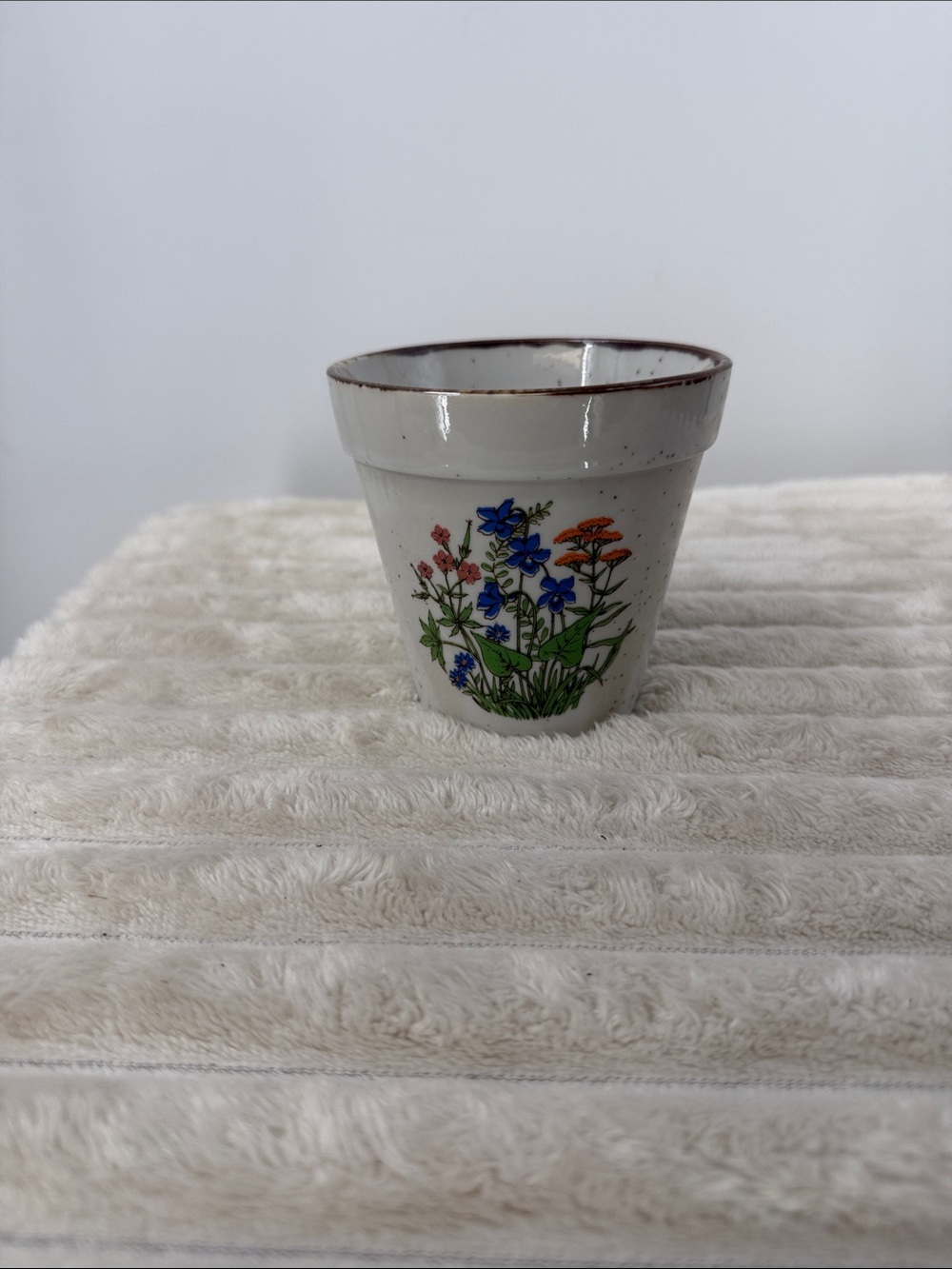 Vintage Ceramic Flower Pot with Blue and Orange Floral Design from Japan